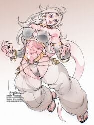1girls abs android_21 android_21_(good) arabian_clothes black_nails blue_eyes bowalia bracelet collar demon_girl dragon_ball dragon_ball_fighterz dragon_ball_z eight_pack fit_female jewelry long_hair majin_android_21 monster_girl muscular_arms muscular_female muscular_legs muscular_thighs navel pink_skin solo solo_female spiked_hair spiky_hair tail white_hair