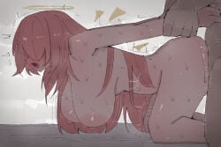 1boy 1girl angel arknights blush breasts commentary_request completely_nude detached_wings doggystyle grabbing_another's_arm halo hetero highres large_areolae large_breasts lemuen_(arknights) long_hair matutake_(matutake_yk0) nipples nude pink_hair sex sex_from_behind sweat very_long_hair very_sweaty wings