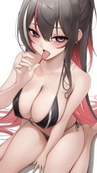 1girls absurdres azki_(hololive) bikini binaural_microphone black_bikini black_gloves black_hair breasts cleavage colored_inner_hair commentary_request covered_erect_nipples double-parted_bangs elbow_gloves gloves grin hair_intakes hand_up highres hololive la+_darknesss large_breasts long_hair looking_at_viewer microphone mole mole_under_eye multicolored_hair navel neumann_ku_100 pink_hair pink_streaks purple_eyes side-tie_bikini_bottom sidelocks simple_background sitting smile solo somebody_(leiking00) streaked_hair string_bikini swimsuit translation_request very_long_hair virtual_youtuber wariza white_background white_streaks