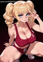 1girl 2026 ai_generated anime bangs bare_shoulders black_background blonde_hair blue_eyes blunt_bangs blush boobs breasts cleavage closed_mouth collarbone covered_nipples crossover drill_hair eye_contact female female_focus flushed gradient gradient_background highres huge_breasts large_breasts lips long_hair looking_at_viewer midriff navel neutral_expression nsfw one_piece patreon pigtails red_shorts rognezart shoes short_shorts shorts sidelocks smile smiling sneakers solo sports_bra squatting stussy_(one_piece) sweat sweaty thick_thighs thighs twin_drills twintails v_over_eye very_long_hair