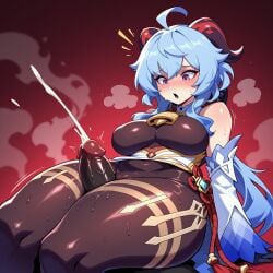 1boy 1girl ahoge ai_generated bare_shoulders bell between_thighs black_gloves blue_hair blush bodystocking breasts chinese_knot clothed_female_nude_male clothing cowbell cum dark-skinned_male dark_skin detached_sleeves ejaculation erection female flower_knot ganyu_(genshin_impact) genshin_impact girl_on_top gloves goat_horns gold_trim grinding hetero horns interracial large_breasts leotard long_hair lunaart male medium_breasts neck_bell nude open_mouth pantyhose penis projectile_cum purple_eyes red_background sitting sitting_on_person solo_focus steaming_body sweat tassel thick_thighs thigh_sex thighlet thighs twitching_penis vision_(genshin_impact)