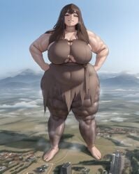 ai_generated giga_giantess hands_on_hips light-skinned_female loincloth long_hair pixai sweaty_body