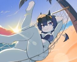 beach bikini blue_body blue_eyes blue_hair dragon female litee looking_at_viewer sand sea solo sunglasses