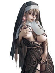 1girl black_dress black_nails blonde_hair breast_lift breasts breasts_out brown_eyes clitoral_hood clitoris clothes_lift clothing dress dress_lift earrings exposed_breasts exposed_nipples exposed_pussy female female_pubic_hair functionally_nude_female grabbing_own_breast habit hair_between_eyes headdress jewelry large_breasts lifted_by_self long_hair looking_at_viewer nipples nun nun's_habit nun_outfit original original_character pubic_hair pussy pussy_peek robe scars see-through_panties simple_background skirt_lift solo standing thighhighs transparent_background underwear veil very_long_hair vocox white_background yellow_eyes