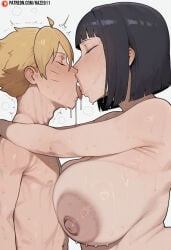 1boy 1girls age_difference ai_generated black_hair blonde_hair boruto:_naruto_next_generations breasts closed_eyes from_side haze911 hetero huge_breasts hyuuga_hinata incest kiss kissing large_areolae mature_female milf mother mother_and_son naruto naruto_(series) naruto_shippuden nipples nude saliva saliva_trail short_hair sweat tongue tongue_out uzumaki_boruto