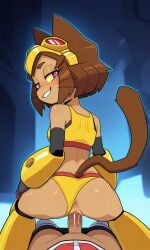 ai_generated anus ass brown_hair cat_ears cat_girl cat_tail collarbone crop_top dark-skinned_female dark_skin dick furry_female goggles grin half_closed_eyes kit_(gameoverse) kit_bodega knee_boots looking_back midriff panties_aside pov pussy red_eyes reverse_cowgirl seductive_expression short_hair sports_bra squatch uncensored vaginal_sex whiskers yellow_bikini yellow_gauntlets