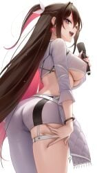 1girls absurdres ass ass_focus asymmetrical_clothes azki_(hololive) black_hair breasts colored_inner_hair commentary_request cropped_shirt earrings female female_focus female_only from_behind hand_on_own_thigh high_resolution highres holding holding_microphone hololive hololive_idol_uniform_(color_rise) jewelry large_breasts long_hair looking_at_viewer looking_back microphone multicolored_hair nail_polish nipples nipples_visible_through_clothing official_alternate_costume open_mouth paid_reward_available pants pink_hair pink_nails purple_eyes see-through_clothes see-through_shirt shirt simple_background single_pantsleg solo somebody_(leiking00) underboob virtual_youtuber white_background white_pants