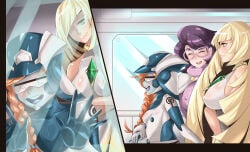 1girls 2boys 3girls alien alien_girl aphrodisiac black_hair blonde_hair blue_body blue_eyes blue_nipples blue_pussy blue_skin blue_tongue blush bodysuit comic elio_(pokemon) female forced_partners forced_sex glasses green_eyes green_hair hat hau_(pokemon) lusamine_(pokemon) mind_control mmf_threesome nihilego nintendo no_text_version orange_hair orange_pupils petite petite_body pokemon pokemon_sm pokemon_usm ponytail purple_hair short_hair small_breasts standing threesome tied_hair torn_bodysuit ultra_recon_squad very_long_hair wicke_(pokemon) zossie_(pokemon)