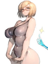 bare_shoulders blonde_hair breasts character_request covered_navel covered_nipples curvy female female_only fumio_(rsqkr) glasses large_breasts looking_at_viewer short_hair simple_background swimsuit thumbs_up white_background wide_hips