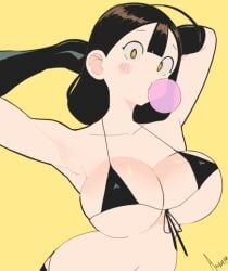 1girl 1girls ahoge akisas99 almost_naked almost_nude arm_behind_head armpit armpit_crease armpit_peek armpits arms_behind_head background bare_armpits bare_belly bare_chest bare_hips bare_midriff bare_navel bare_shoulders bare_skin big_boobs big_breasts bikini bikini_only bikini_top black_bikini black_bikini_top black_elbow_gloves black_gloves black_long_gloves black_micro_bikini black_swimsuit black_swimwear breasts brown-eyed_female brown-haired_female brown_eyes brown_hair busty busty_female busty_girl elbow_gloves exposed exposed_armpits exposed_belly exposed_chest exposed_hips exposed_midriff exposed_navel exposed_shoulders exposed_skin gloves hairless_armpits halterneck hand_behind_head hands_behind_head head_tilt huge_boobs huge_breasts large_boobs large_breasts long_gloves micro_bikini monotone_background mostly_nude naked naked_female naked_woman nearly_nude nipple_bulge nude nude_female nudity oc one_color_background original original_art original_artwork original_character original_female_character plain_background plump_breasts posing posing_for_the_viewer posing_naked posing_nude practically_nude presenting_armpit shaved_armpits skimpy_bikini small_bikini solid_color_background string_bikini swimsuit swimwear tilted_head yellow_background