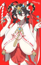 1girl absurdres ahoge areola_slip bandage_on_cheek bell breast_curtains breasts chinese_commentary commentary_request detached_sleeves feixianji_(hairstyle) gigantic_breasts hair_ornament hair_rings haitai_(haitai_umita) haitai_umita highres horns indie_virtual_youtuber nontraditional_miko open_mouth pointy_ears purple_eyes red_nails ribbon sagging_breasts smile solo thighhighs thighs translation_request virtual_youtuber white_thighhighs