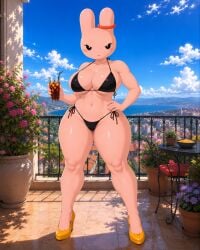 ai_generated angry_expression anthro bikini bunny_maloney hand_on_hip holding_object humanoid pink_skin shiny_skin shoes_on solo_female thick_thighs wide_hips