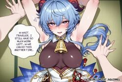 1girl ai_assisted ai_generated arms_up covered_nipples english_text fatest_squirrel ganyu_(genshin_impact) genshin_impact light_smile looking_at_viewer low_ponytail medium_breasts open_mouth shy