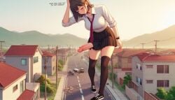 ai_generated big_penis building closed_eyes clothed clothing destruction drunk english english_text erect_penis erection futa_only futadom futanari giant_penis giantess huge_cock light-skinned_futa light_skin messy messy_hair penis scratching size_difference skirt skirt_lift sneakers solo spalela text thighhighs tie