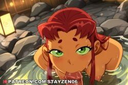 1boy 1girl :>= ai ai_art ai_generated all_fours bath bathing blush breasts colored_sclera colored_skin completely_nude erection fellatio green_eyes green_sclera hetero lantern long_hair looking_at_viewer medium_breasts mixed-sex_bathing nipples nude onsen oral orange_skin partially_submerged penis pov red_hair rock shared_bathing short_eyebrows small_breasts solo_focus starfire_(dc) teen_titans thick_eyebrows uncensored water wet yellow_skin