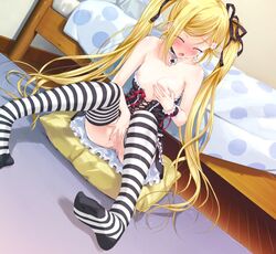 bare_shoulders bed blonde_hair blue_eyes blush breast_hold breasts censored choker collar corset feet female fingering flat_chest frills game_cg gothic_lolita hair_ribbon happoubi_jin kanojo_x_kanojo_x_kanojo lock lolita_fashion long_hair masturbation nipples no_panties orifushi_mafuyu pussy ribbon self_fondle sitting solo striped striped_legwear thighhighs tied_hair twintails wrist_cuffs