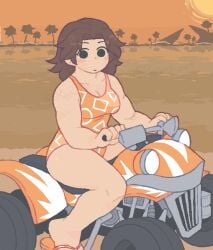 1girls beach black_eyes breasts brown_hair casual_one-piece_swimsuit cleavage closed_mouth clothing expressionless female long_hair looking_at_viewer mario_kart mario_kart_world medium_breasts medium_hair mii mii_gunner mii_gunner_(smash_4) motor_vehicle motorcycle no_nose on_motorcycle one-piece_swimsuit orange_sky outdoors palm_tree print_swimsuit refresh_rm riding sandals sitting sky solo sun sunset swimsuit tree
