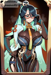1girl ai_generated aqua_eyes aqua_hair black_hair blue_hair blush bodystocking breasts clothing colored_inner_hair cowboy_shot dress earrings eyewear female genshin_impact glasses gloves green_hair hair_ornament hand_on_own_hip hand_up jennieart02 jewelry large_breasts long_hair long_sleeves mirror multicolored_hair patreon patreon_logo patreon_username red-framed_eyewear semi-rimless_eyewear solo sweat tassel tassel_earrings thighs twitter twitter_username two-tone_hair very_long_hair watermark xianyun_(genshin_impact)
