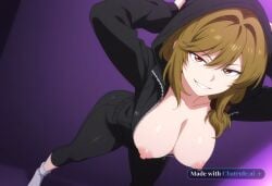 1girl absurd_res aged_up ai_assisted ai_generated anime_coloring black_clothing black_leggings brown_hair devious_grin first_person_perspective hair_intakes hair_scrunchie hands_above_head hard_nipples hood_up large_breasts lustful medium_hair perfect_ass posing_for_viewer red_eyes seductive standing tight_clothing white_socks