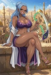 1girls ai_generated arabasta_saga belly_dancer belly_dancer_outfit dark-skinned_female harem_girl harem_outfit huge_breasts legs_crossed nefertari_vivi one_piece one_piece_(live_action) peacock_feather princess slasher solo_female voluptuous