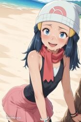 1girl ahegao ai_assisted ai_generated bare_shoulders beanie bent_over black_hair black_shirt black_socks blue_eyes body_freckles bracelet cowboy_shot crying cum_on_face dawn_(pokemon) drool dutch_angle flat_chest freckles from_side hat jewelry kneehighs landscape looking_at_viewer miniskirt naked nipples pink_skirt pokemon pokemon_(species) red_scarf scarf shirt skirt sleeveless sleeveless_shirt small_ass smile solo source_anime wet white_headwear