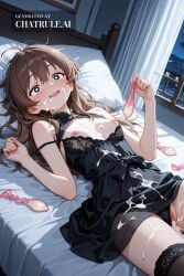 1girl after_sex ai_assisted ai_generated anime_screencap bare_shoulders bedroom black_lingerie black_stockings clean_lines condom cum_covered cum_on_body cum_on_clothes cum_on_face detailed_eyes detailed_face filled_condom highres holding_used_condom iris_(konosuba) laying_on_back laying_on_bed messy_hair night nipples on_back panties_aside pleasure scenery sharp shocked_eyes small_breasts thick_cum tiny_tits white_curtains