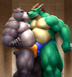 anthro bear biceps black_nipples black_nose braford brown_hair bulge chubby closed_eyes clothed clothing dragon duo facial_hair frottage fur green_skin grey_fur hair half-dressed horn interspecies kissing male mammal musclegut muscular navel nipples pecs reptile scalie sex shower speedo standing swimsuit topless underwear wet yaoi