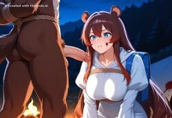 1boy absurdly_long_hair ai_assisted ai_generated anime_screencap black_nose blood_splatter blue_eyes brown_fur campsite close_up firelight flaccid_penis frowning high_quality juliet_sleeves kneeling long_sidelocks long_sleeves looking_at_penis male night outside round_ears short_ears two_tone_fur upper_body white_dress white_robe