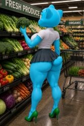 ai_generated anthro back_view big_ass blue_fur grocery_store milf miniskirt nicole_watterson standing the_wonderfully_weird_world_of_gumball thick_thighs