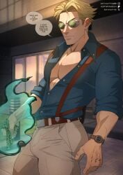 belt big_dick bottom_male bulge cumming gay_sex homosexual homosexual_sex jujutsu_kaisen kento_nanami male/male older_males pants_down soynutts
