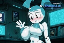 1girl ai_assisted ai_generated aroused_expression at_night bikini black_eyes blue_hair blush curvy cyberpunk dynamic_pose embarrassed enormous_breasts enormous_hips enormous_thighs gigantic_breasts horny in_heat indoors jenny_wakeman massive_breasts metal_arm moaning my_life_as_a_teenage_robot no_nose prosthetic robot scenery tiny_waist uncensored underboob upper_body voluptuous white_skin whore
