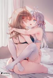 2girls ai_generated alisa_mikhailovna_kujou black_lingerie blue_eyes blush breasts brown_hair closed_eyes embrace hand_on_ass highres hug indoors kissing large_breasts lingerie long_hair looking_at_viewer maria_mikhailovna_kujou nipples nsfw on_bed open_mouth shiny_skin silver_hair sitting_on_lap stormiaart sweat thighhighs tokidoki_bosotto_russian_de_dereru_tonari_no_alya-san white_lingerie window yellow_eyes yuri