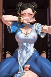 1girl ai_assisted ai_generated black_footwear black_hair blue_pantyhose blushing bracelet brown_eyes china_dress close_up covering_mouth creampie deep_cleavage double_bun male_pov penis_in_pussy pink_pussy puffy_pussy street_fighter stretching_pussy thong_aside younger_male
