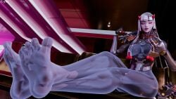 3d blue_body feet feet_focus ilyas overwatch overwatch_2 pistol robot robot_girl shion_(overwatch) sitting