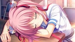 ahoge belt blush bow closed_eyes closed_mouth female g.i.b._girls_in_black game_cg hair_ornament hair_ribbon hairbow kurokawa_yukano pink_hair red_bow red_ribbon ribbon school_uniform serafuku short_hair short_sleeves sleeping smile solo sunbeam table tenmaso tied_hair twintails whirlpool_(studio)