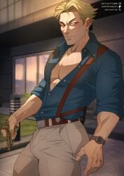 belt big_dick bottom_male bulge cumming gay_sex homosexual homosexual_sex jujutsu_kaisen kento_nanami male/male older_males pants_down soynutts