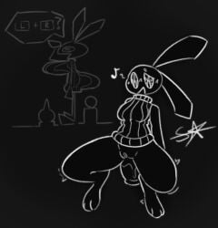 anal_penetration anthro bottomless breasts dildo female motion_lines musical_note rabbit sex_toy solo sourangel thick_thighs vib-ribbon vibri video_games