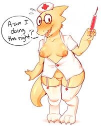 2015 alphys blush bottomless breasts breasts_out buckteeth claws clothing eyewear feet female garter_straps glasses legwear lizard lizard_girl lizardbat_(artist) monster monster_girl needle nervous nipples nurse nurse_cap panties pussy reptile reptile_girl round_glasses saliva solo stockings sweatdrop syringe teeth tentabat text undertale undertale_(series) underwear white_background yellow_body yellow_skin