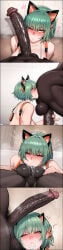 1-a_dot :o admiral_nakhimov_(azur_lane) ai_generated animal_ears azur_lane blush cum_in_mouth dark-skinned_male deepthroat face_focus face_fucking grabbing_penis green_hair heart huge_cock multiple_views oral orange_eyes penis_on_face pov revealing_clothes rimming short_hair veiny_penis