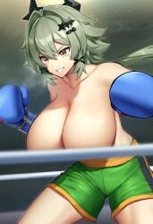 1girls ai_generated boxing boxing_gloves boxing_ring brutoaimage caesar_king_(zenless_zone_zero) convenient_censoring green_hair hairpin horns huge_breasts large_breasts long_hair low_ponytail solo topless yellow_eyes zenless_zone_zero
