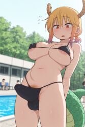 ai_generated aiyor areola areola_slip areolae bikini bulge bulge_through_clothing erection erection_under_clothes erection_under_clothing futa_only futanari kobayashi-san_chi_no_maidragon looking_at_viewer micro_bikini nervous outdoors outside pool poolside pubic_hair public public_exposure public_indecency public_pool solo solo_futa surprise surprised surprised_expression tail tohru_(dragon_maid)