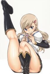 blonde_hair blue_eyes detached_sleeves earrings edens_zero edited groin hair_ornament heart_earrings holding_object knee_boots large_breasts leaning_back leg_up long_hair mashima_hiro miniskirt official_art panty_peek pantyshot rebecca_bluegarden upscaled wavy_hair white_panties