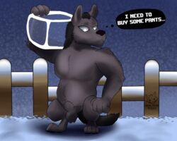 anthro balls black_hair blue_eyes canine dialogue english_text hair ice_wolf_(undertale) male male_only mammal muscular nude outside sheath text undertale video_games walter9433_(artist) wolf