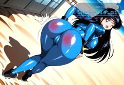 1990s 1girl ai_assisted ai_generated back_view beach big_breasts black_hair blue_bodysuit blue_eyes bodysuit bouncing_breasts building camel_toe cropped_jacket curvy dutch_angle dynamic_angle erect_nipples fingerless_gloves full_body gloves grabbing_butt happy hip_focus jacket long_hair looking_at_viewer looking_back looking_behind motion_lines open_mouth shiny_skin smile spanking_butt standing toned_body underbutt wide_hip winking