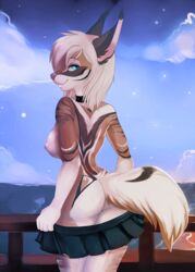 2015 anthro ass blue_eyes breasts clothed clothing collar cyan_eyes feline female hair half-dressed iskra looking_at_viewer looking_back mammal nipples pleated_skirt redcreator skirt solo topless undressing white_hair