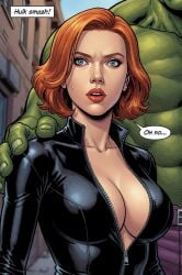 ai_generated black_widow_(marvel) bodysuit comic hulk hulk_(series) large_breasts latex marvel meme natasha_romanoff pdbai red_hair superheroine
