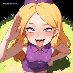 1girl advance_wars ahegao_face ai_assisted ai_generated blonde_hair breasts cowboy_shot detailed_face hand_on_own_hip hat high_angle huge_eyes long_hair looking_at_viewer mm mole_under_eye naked one_eye_closed outdoors petite_breasts purple_eyes purple_shirt salute sleeveless small_breasts smile solo uniform visible_breasts visible_nipples