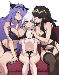 3girls black_hair black_hair_ornament camilla_(fire_emblem) couch crown fire_emblem fire_emblem:_three_houses fire_emblem_awakening fire_emblem_fates gold_hair_ornament gold_jewelry hair_accessory hair_over_one_eye large_breasts lingerie lingerie_only lysithea_von_ordelia pink_eyes purple_eyes purple_hair scrimblocrimbo silver_hair small_breasts stockings tharja_(fire_emblem) white_hair yuri