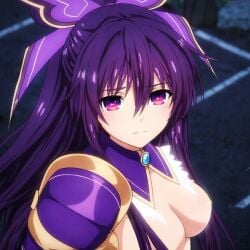 ass_length_hair date_a_live eyebrows_visible_through_hair hair_between_eyes hair_over_one_breast light-skinned_female looking_away medium_breasts naked_armor naked_female nipples nude_edit nude_female nude_filter outdoors purple_eyes purple_hair purple_hair_female purple_hair_ribbon purple_hairband shoulder_armor tits topless topless_female yatogami_tohka