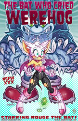 angry anthro bat bat_wings black_nose blue_fur blush boots breasts choker claws cleavage clenched_teeth clothed cover_page duo elbow_gloves english_text eyelashes female furry gloves green_eyes highres knee_boots large_breasts larger_male male mammal monster rouge_the_bat sallyhot scared sharp_teeth size_difference smaller_female sonic_(series) sonic_the_hedgehog sonic_the_werehog standing text the_bat_who_cried_werehog torn_clothes were werehog white_fur wide_eyed wings